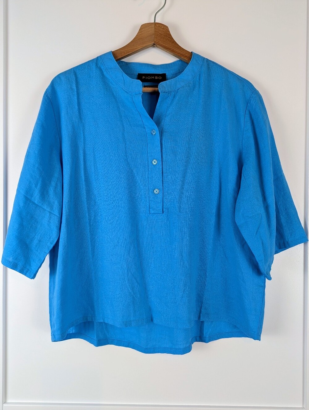 Piombo Linen Blend Blouse Top Bright Blue Short Sleeve Size 8